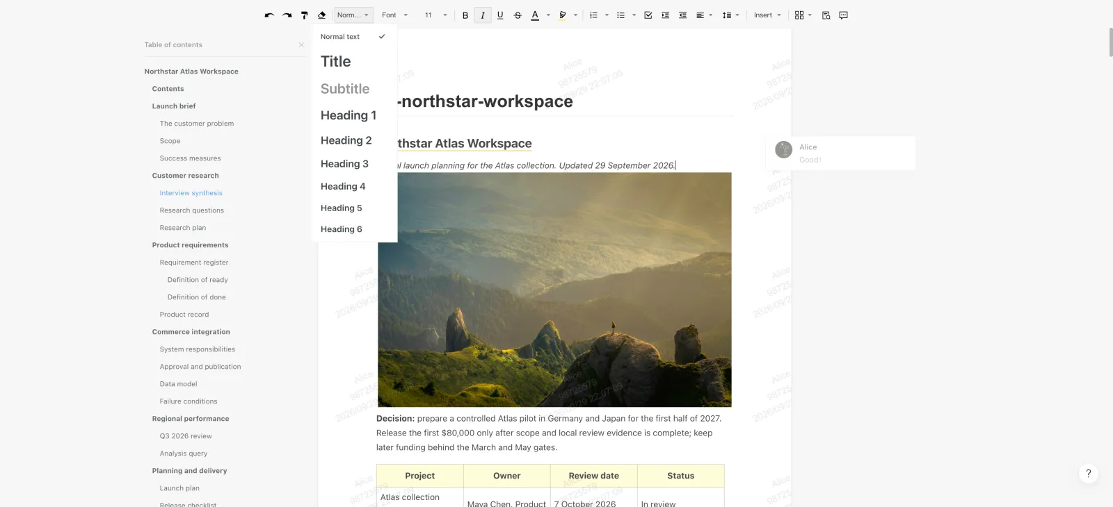Document editor with the Northstar Atlas workspace, document outline, and rich content.