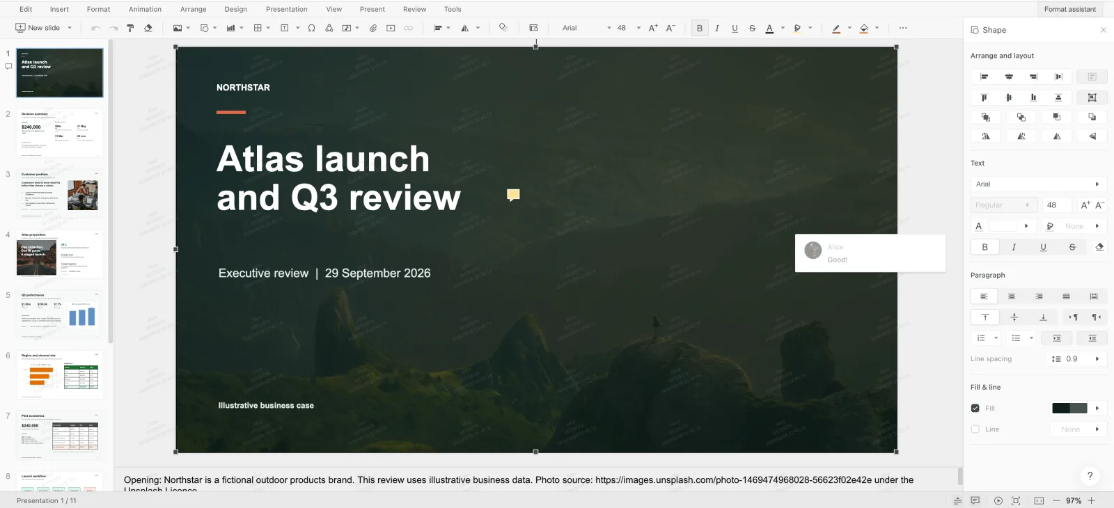 Presentation editor with the Northstar quarterly review, slide thumbnails, and presentation tools.