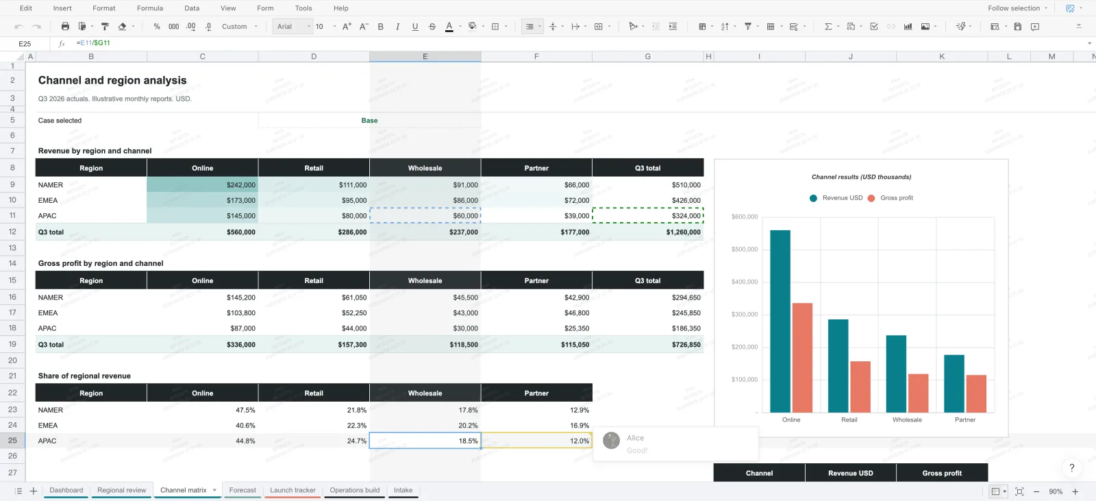 Sheet editor with the Northstar operations workbook, tables, and charts.