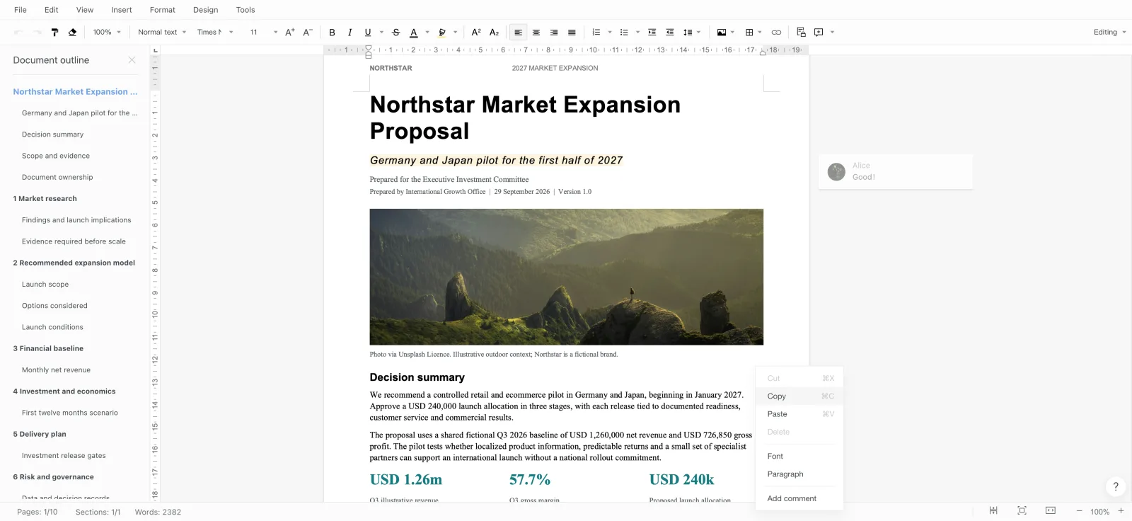 Writer editor with the Northstar proposal, page layout, and document formatting tools.