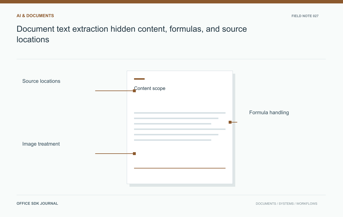 Document text extraction: hidden content, formulas, and source locations: Content scope, Source locations, Formula handling, Image treatment.