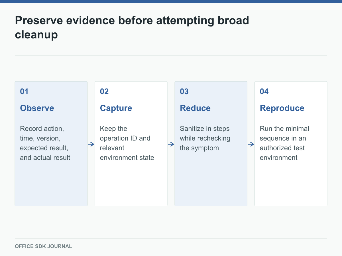 An incident moves from observation through evidence capture, reduction, and reproduction.