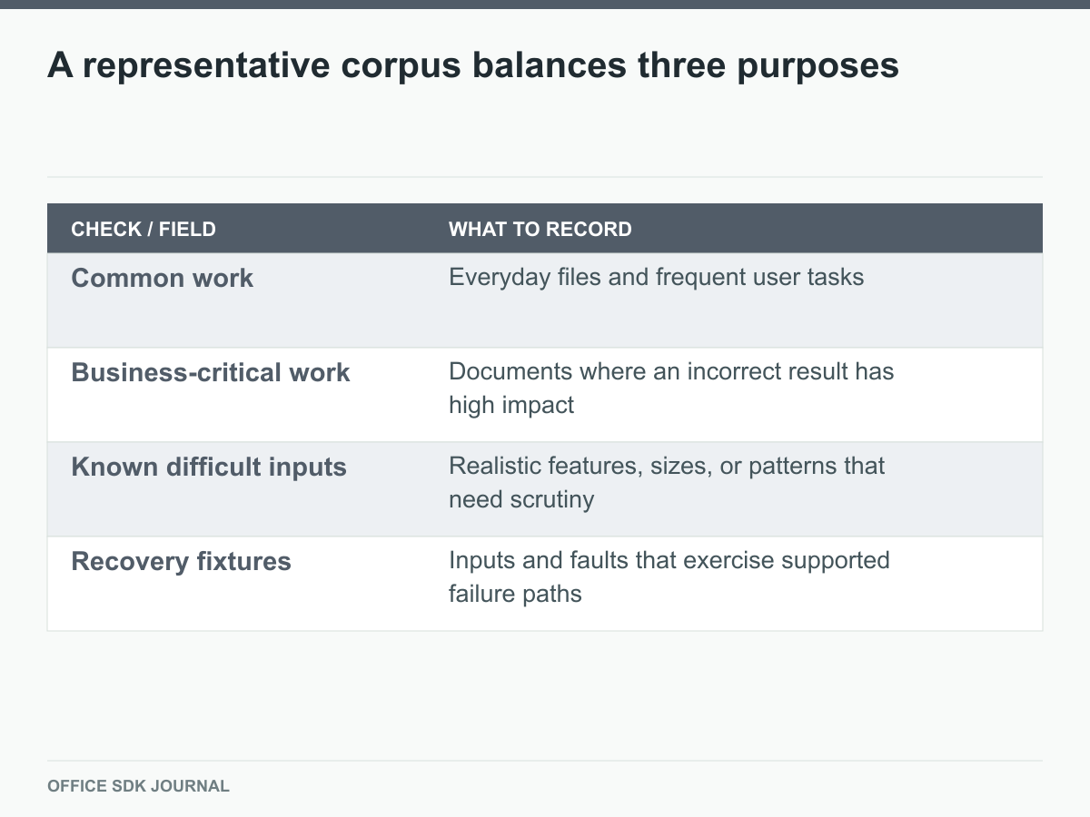 The test corpus covers common, critical, difficult, and recovery workflows.