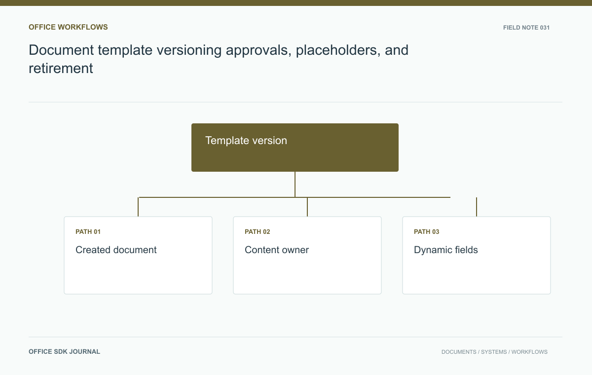 Document template versioning: approvals, placeholders, and retirement: Template version, Created document, Content owner, Dynamic fields.