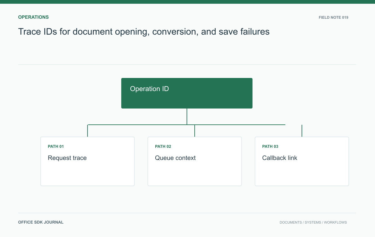 Trace IDs for document opening, conversion, and save failures: Operation ID, Request trace, Queue context, Callback link.