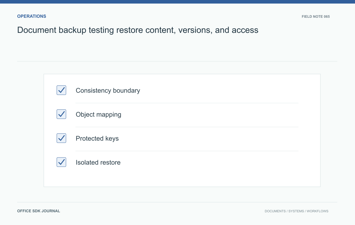 Document backup testing: restore content, versions, and access: Consistency boundary, Object mapping, Protected keys, Isolated restore.