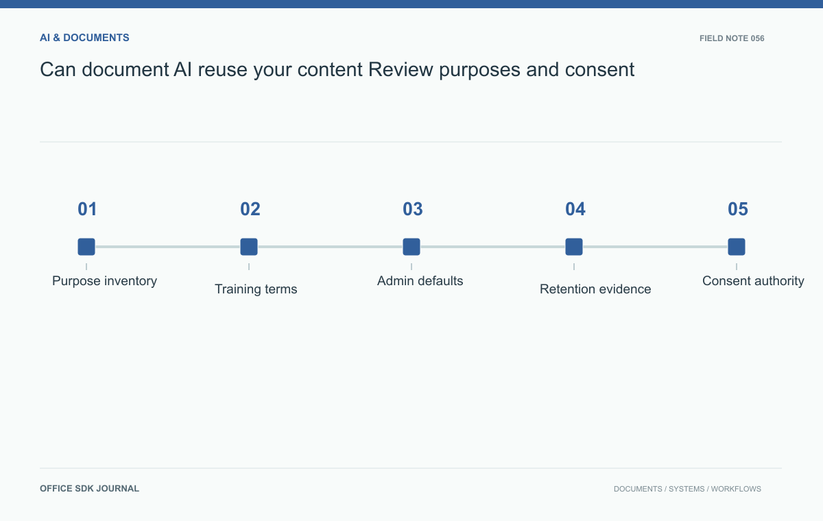 Can document AI reuse your content? Review purposes and consent: Purpose inventory, Training terms, Admin defaults, Retention evidence.