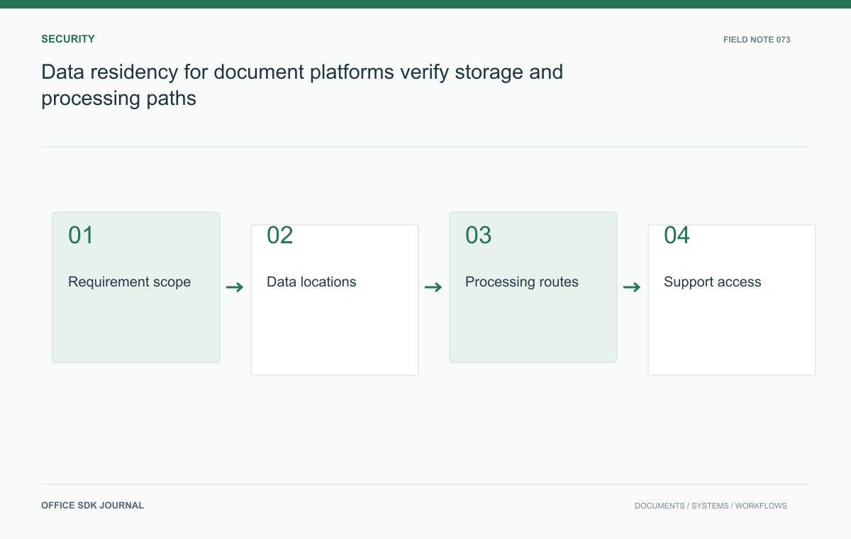 Data residency for document platforms: verify storage and processing paths: Requirement scope, Data locations, Processing routes, Support access.