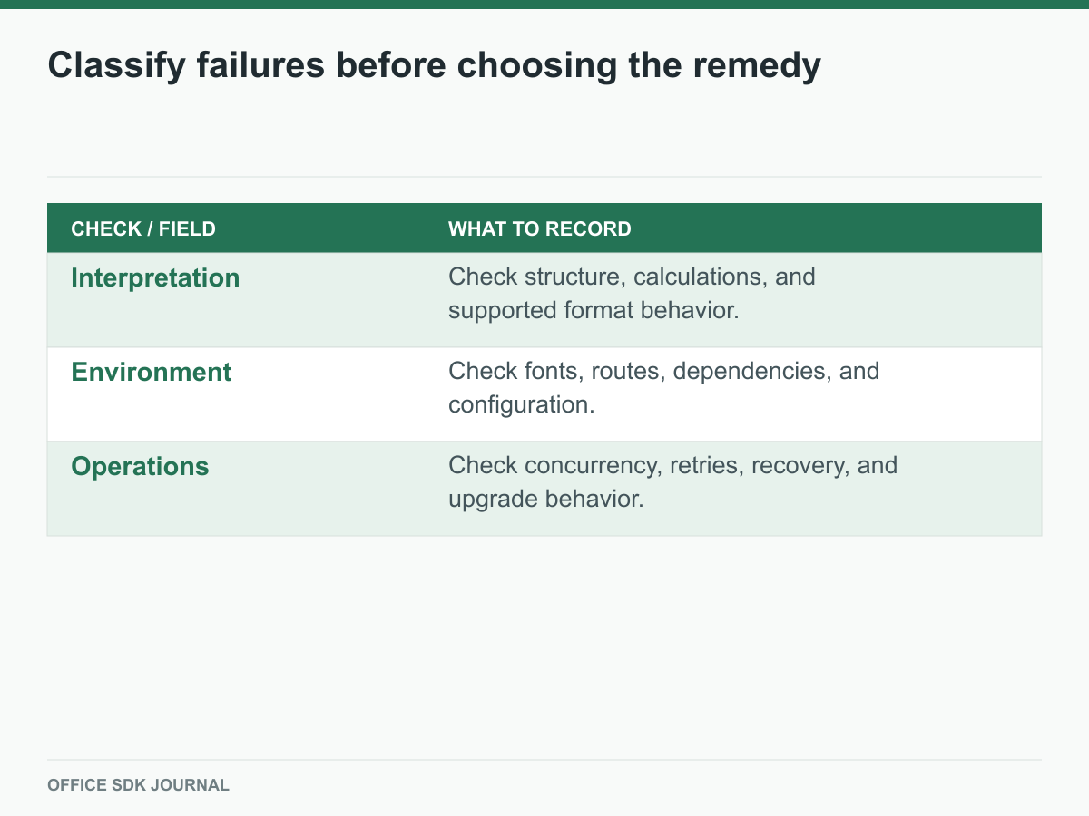 Three failure categories point to different followup tests.