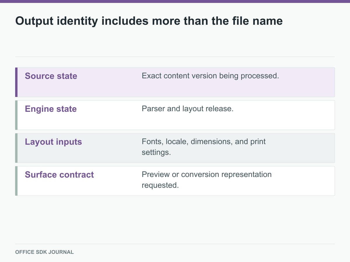 Four input groups determine output and cache identity.
