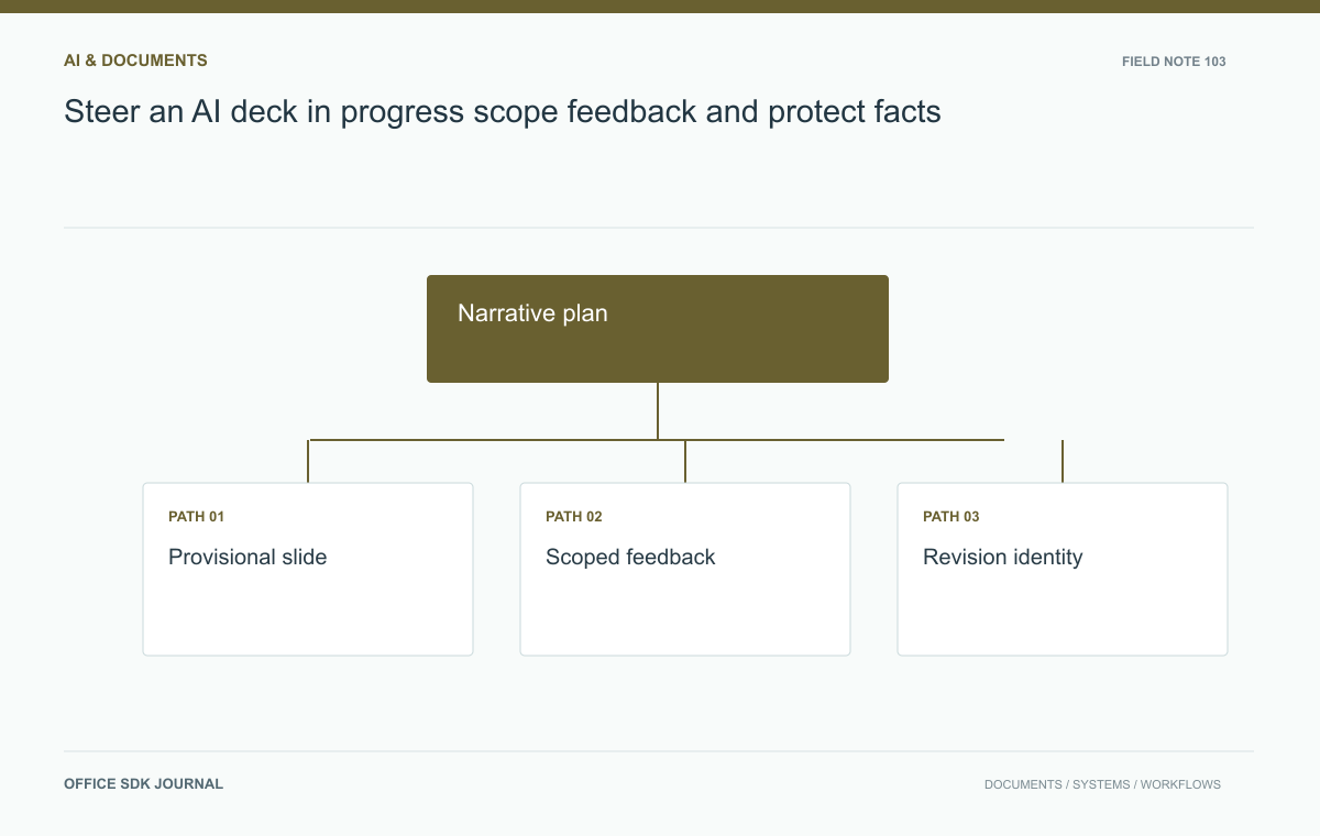 Steer an AI deck in progress: scope feedback and protect facts: Narrative plan, Provisional slide, Scoped feedback, Revision identity.