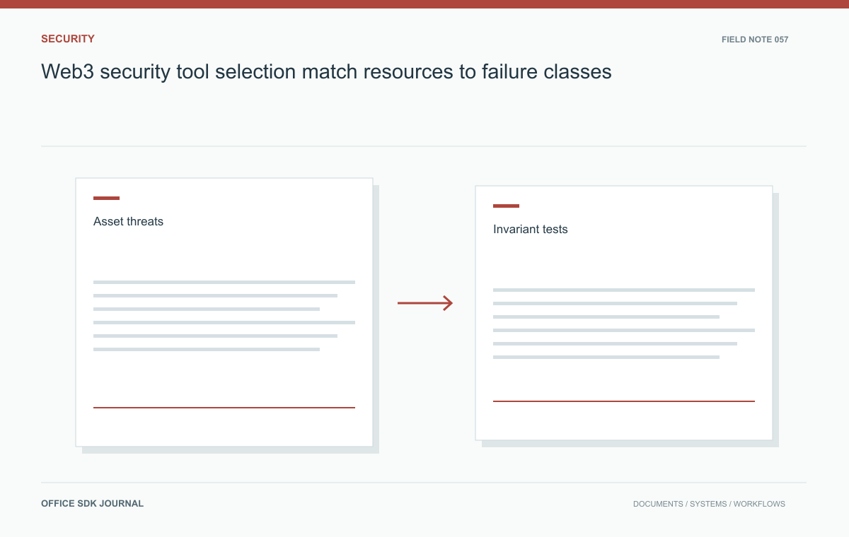 Web3 security tool selection: match resources to failure classes: Asset threats, Invariant tests, Authority graph, Deployment checks.