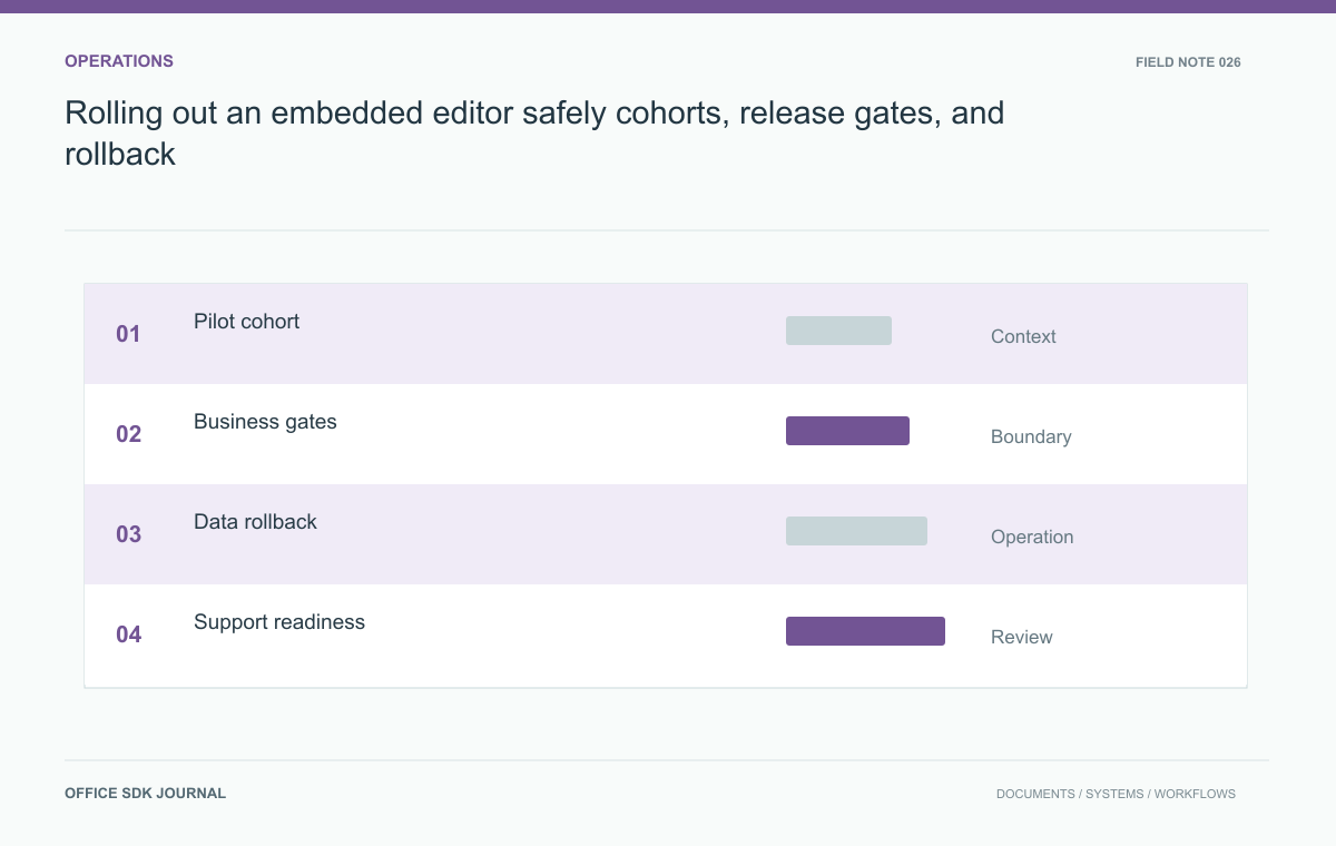 Rolling out an embedded editor safely: cohorts, release gates, and rollback: Pilot cohort, Business gates, Data rollback, Support readiness.