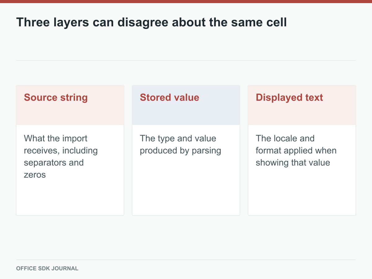 Source text, parsed value, and displayed text are separate layers of spreadsheet interpretation.