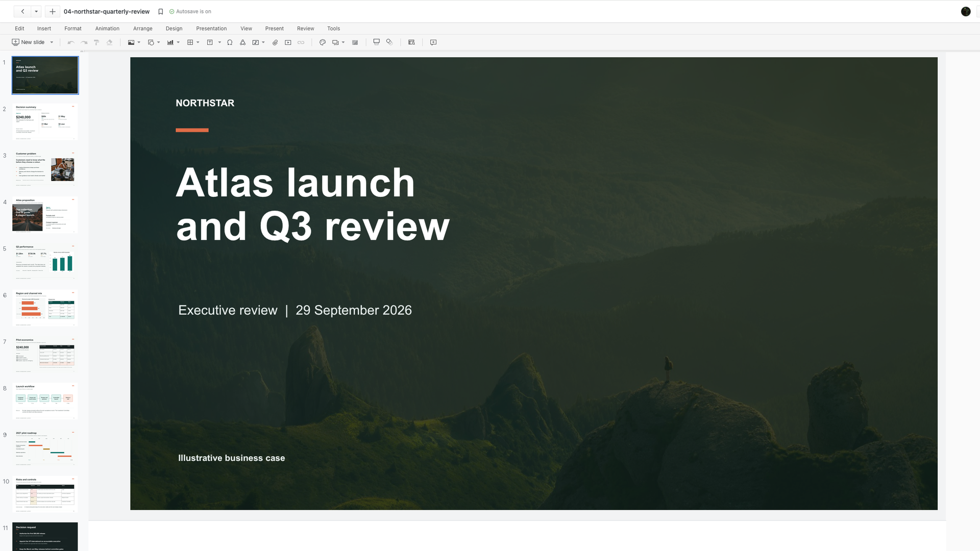 Northstar quarterly business review open in the presentation editor with slide thumbnails, editing controls, and the 11-slide count visible.