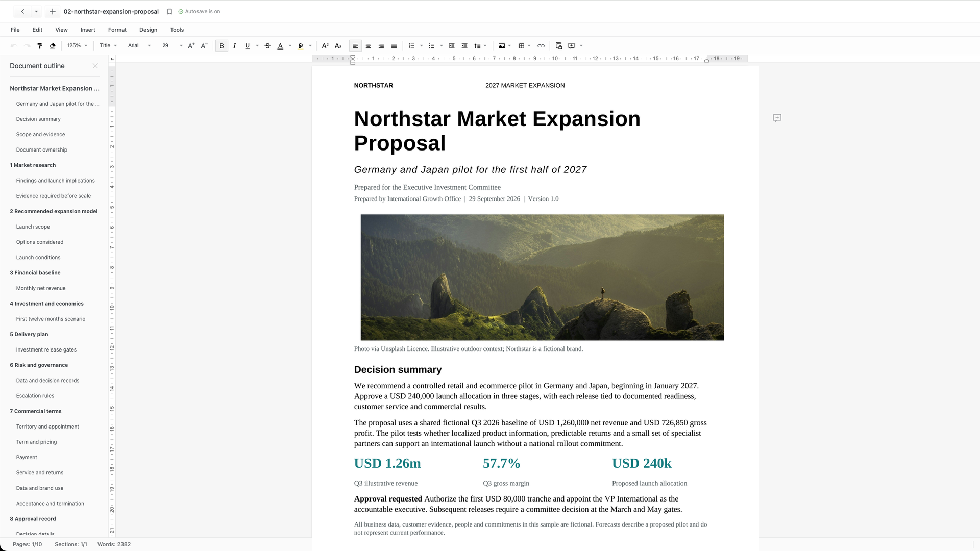 Northstar Market Expansion Proposal open in the Word editor with the document outline and editing toolbar visible.